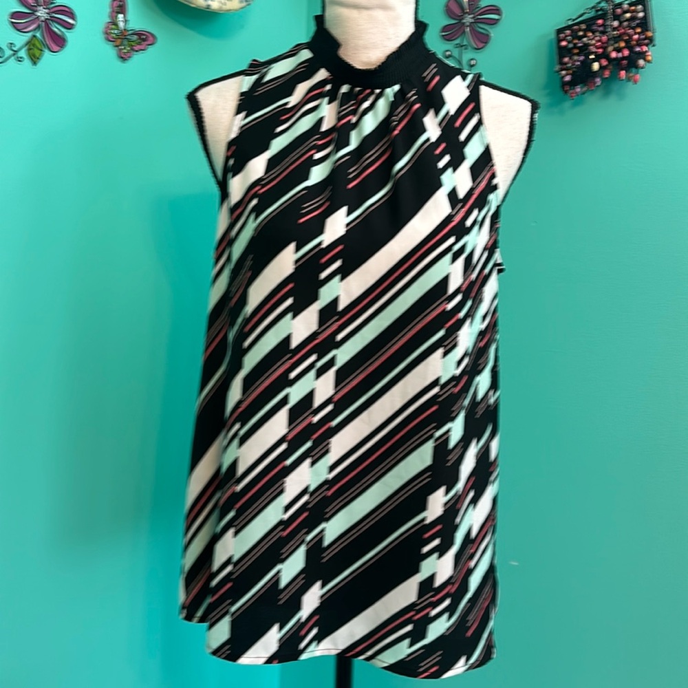 ELLE brand Multicolor Stripe Sleeveless with Pleats High Neck Blouse